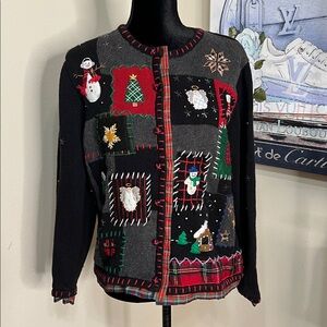 Designers Originals Holiday Patchwork Embellished Embroidered Cardigan | Size Lg